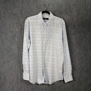 Bocaccio Uomo Dress Shirt Mens Large Ice Blue Plaid Cotton Long Sleeve Button Up